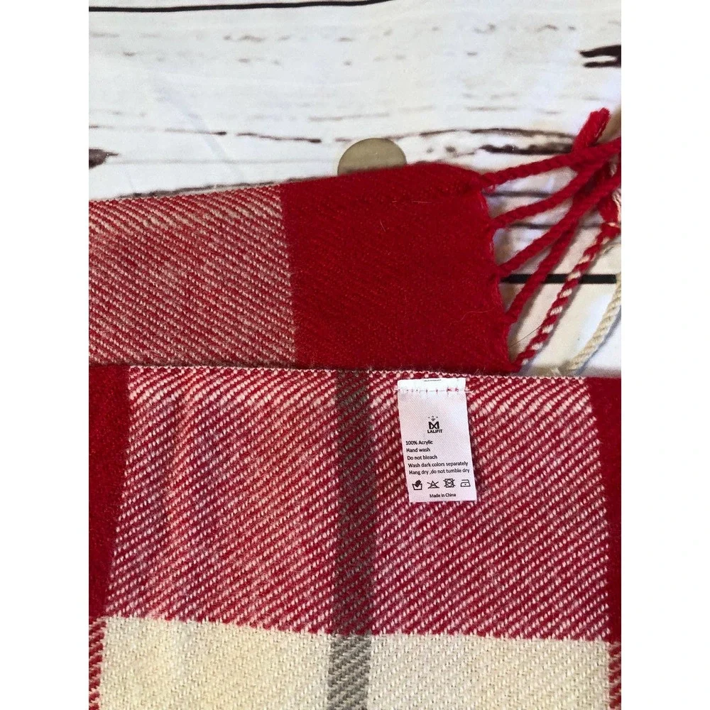 Plaid Red Neutral Acrylic Blankets with Fringe